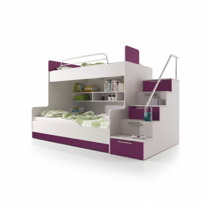 Litera doble morada para niños de alta brillantez con litera doble, cama alta de almacenamiento en el dormitorio de los niños.