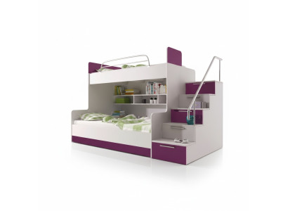 Litera doble morada para niños de alta brillantez con litera doble, cama alta de almacenamiento en el dormitorio de los niños.