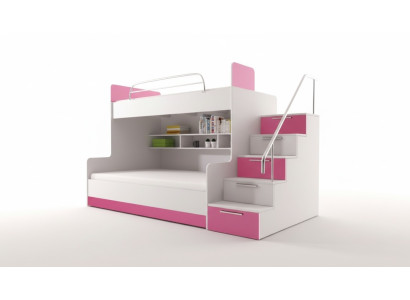 Litera infantil para habitación de niños, camas litera, litera doble, muebles de alto brillo en color rosa.