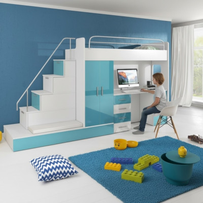Litera cama alta Azul Dormitorio infantil Camas literas Litera Turquesa Cama Nueva