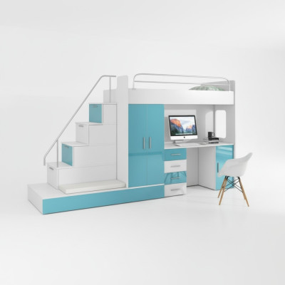 Litera cama alta Azul Dormitorio infantil Camas literas Litera Turquesa Cama Nueva