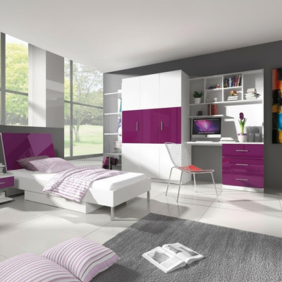 Dormitorio Morado Cama 2x Mesa de Noche Escritorio Cama Infantil Juego de 5 piezas.
