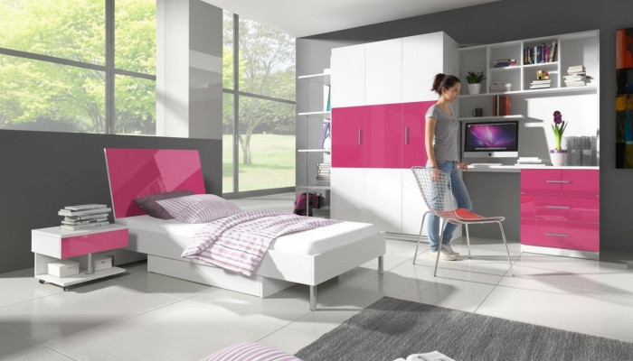 Rosa conjunto de habitación infantil cama mesita de noche armario escritorio estantería nuevo 5 piezas.