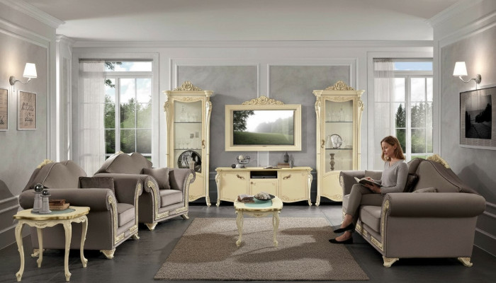 Mueble de televisión de madera conjunto de diseño clásico para la sala de estar de color beige, nuevo.