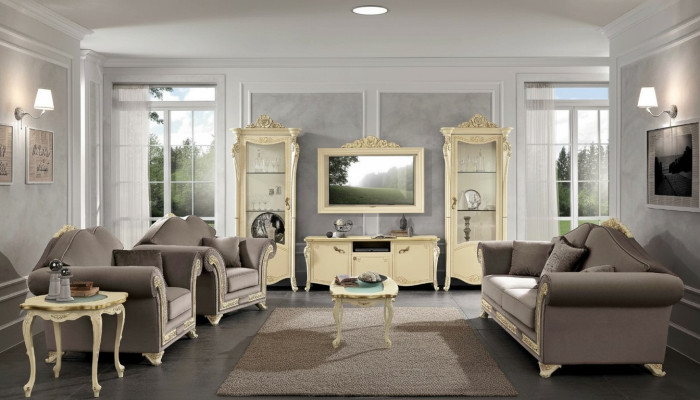 Mueble de televisión de madera conjunto de diseño clásico para la sala de estar de color beige, nuevo.