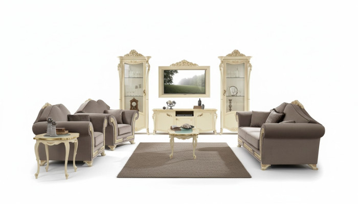 Mueble de televisión de madera conjunto de diseño clásico para la sala de estar de color beige, nuevo.