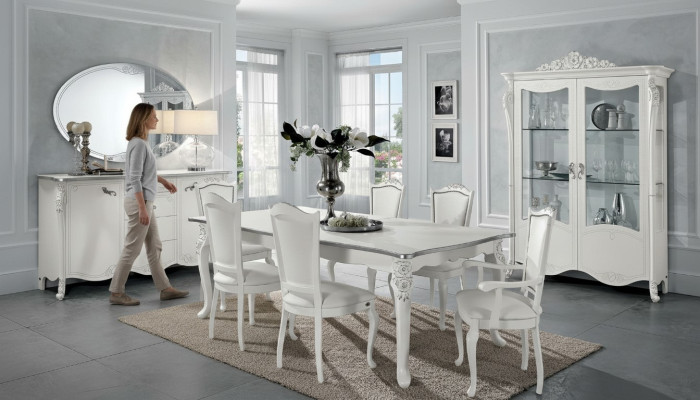 Juego de comedor: mesa de comedor, 6 sillas, cómoda, vitrina, conjunto de 9 piezas italiano.