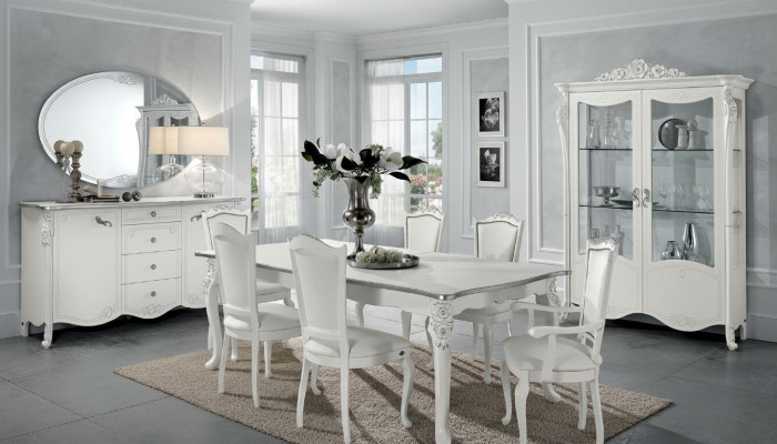 Juego de comedor: mesa de comedor, 6 sillas, cómoda, vitrina, conjunto de 9 piezas italiano.