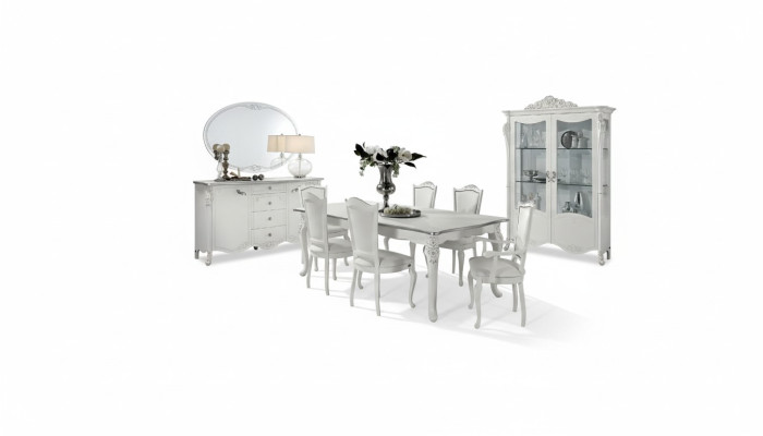 Juego de comedor: mesa de comedor, 6 sillas, cómoda, vitrina, conjunto de 9 piezas italiano.