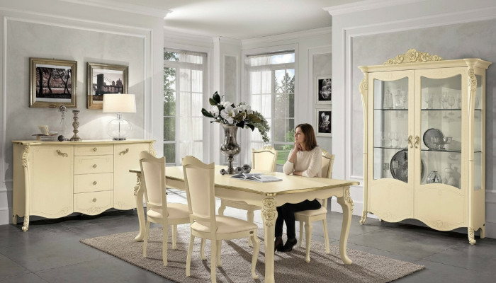 Comedor beige Mesa de comedor 4 sillas Cómoda Vitrina Conjunto de mobiliario de 7 piezas