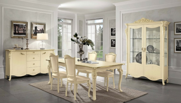 Comedor beige Mesa de comedor 4 sillas Cómoda Vitrina Conjunto de mobiliario de 7 piezas