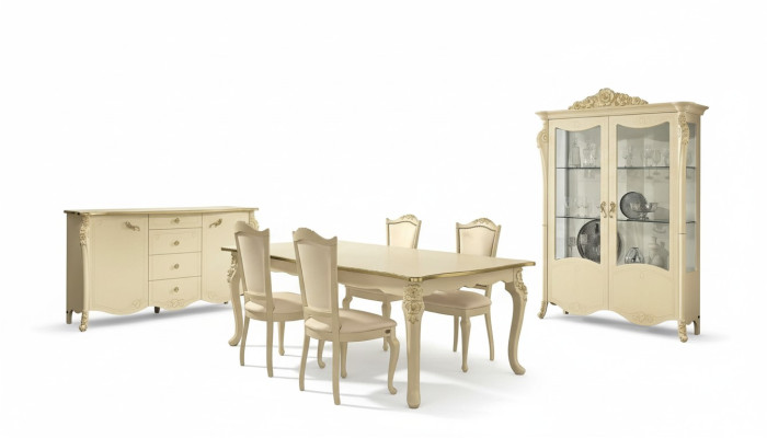 Comedor beige Mesa de comedor 4 sillas Cómoda Vitrina Conjunto de mobiliario de 7 piezas