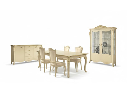 Comedor beige Mesa de comedor 4 sillas Cómoda Vitrina Conjunto de mobiliario de 7 piezas