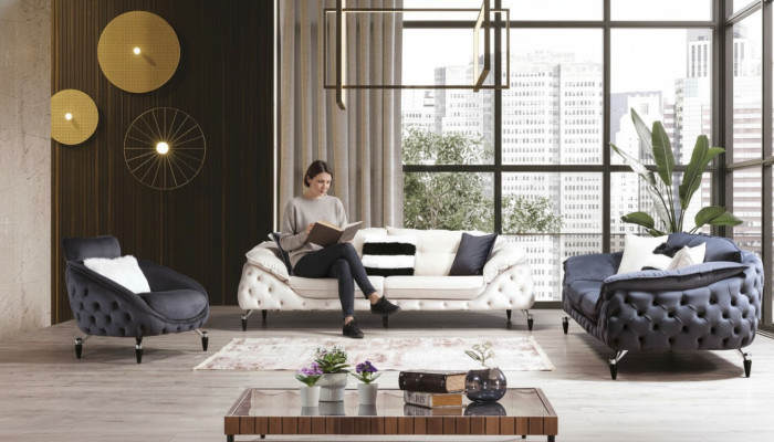 Sofá de tres plazas Chesterfield tapizado en tela y cuero Sofás de tela sofá cama Muebles nuevos
