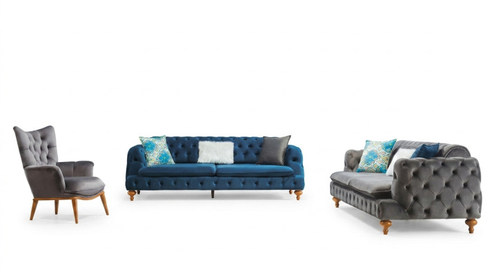 Juego de sofás, sofá de 3 plazas + 3 plazas + 1 sillón Chesterfield, set de muebles tapizados multicolores.