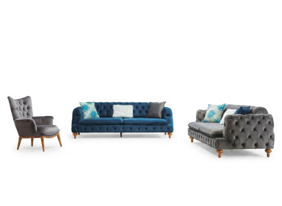 Juego de sofás, sofá de 3 plazas + 3 plazas + 1 sillón Chesterfield, set de muebles tapizados multicolores.