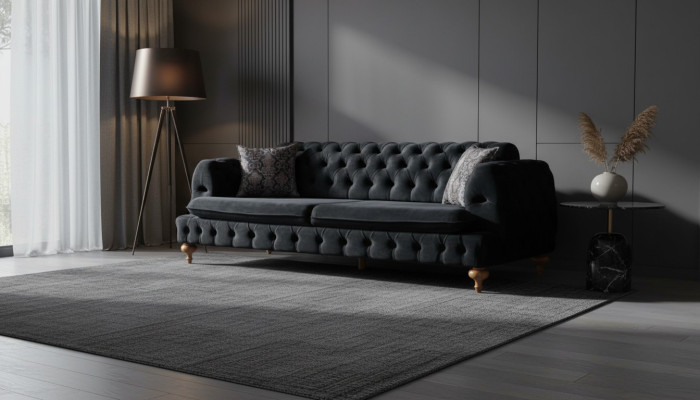 Sofá Chesterfield de lujo de tres plazas. Muebles negros.