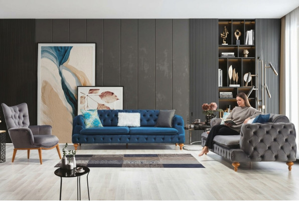 Sillón de 1 plaza Gris Sala de estar Tela Estilo Chesterfield italiano