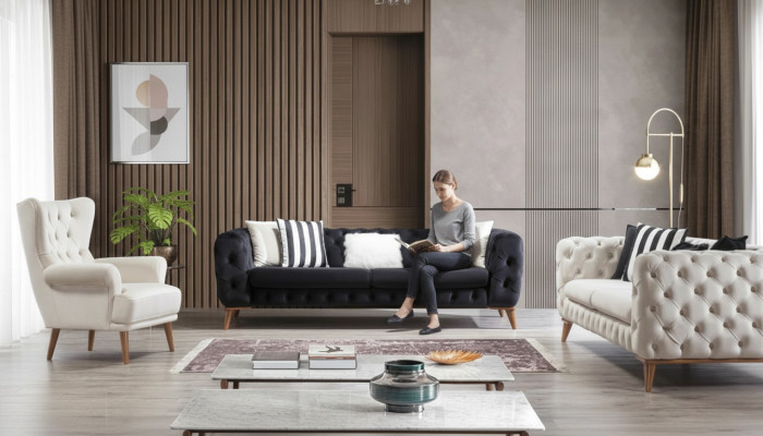 Conjunto de sofás Sofá 3+3+1 plazas Negro Chesterfield Butaca Muebles
