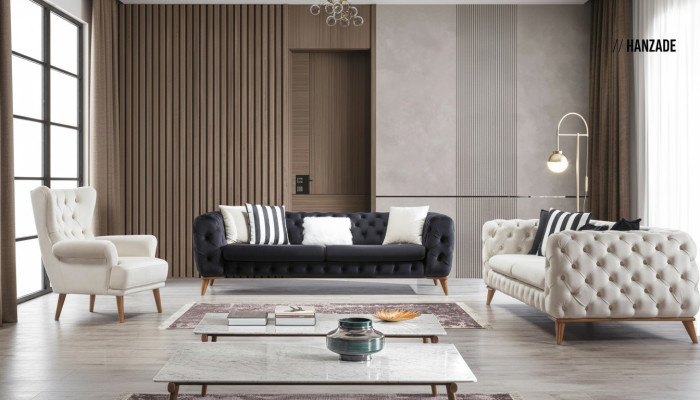 Conjunto de sofás Sofá 3+3+1 plazas Negro Chesterfield Butaca Muebles