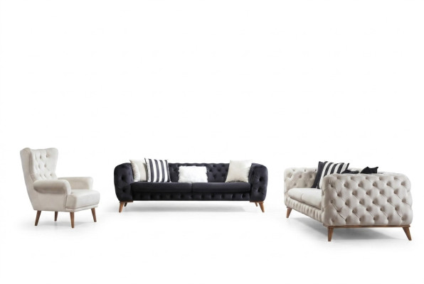 Conjunto de sofás Sofá 3+3+1 plazas Negro Chesterfield Butaca Muebles