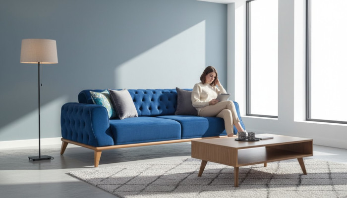 Sofá de 3 plazas azul estilo Chesterfield clásico elegante para la sala de estar.