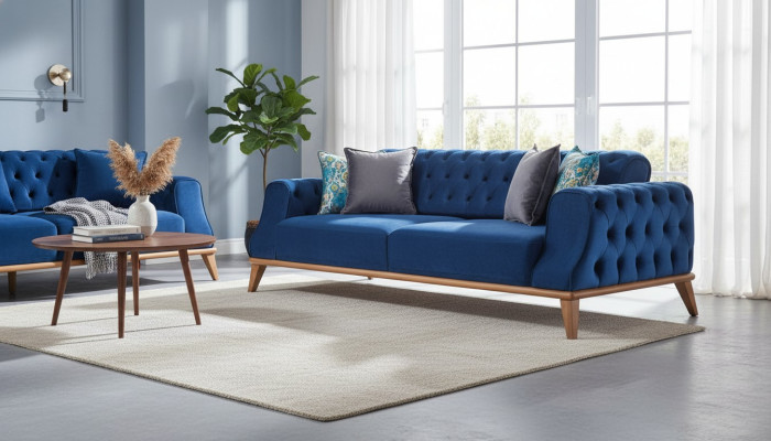 Sofá de 3 plazas azul estilo Chesterfield clásico elegante para la sala de estar.