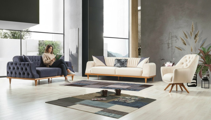 Sillón beige de 1 plaza para salón, diseño clásico Chesterfield.
