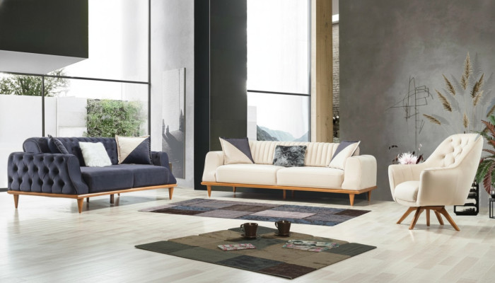 Sillón beige de 1 plaza para salón, diseño clásico Chesterfield.
