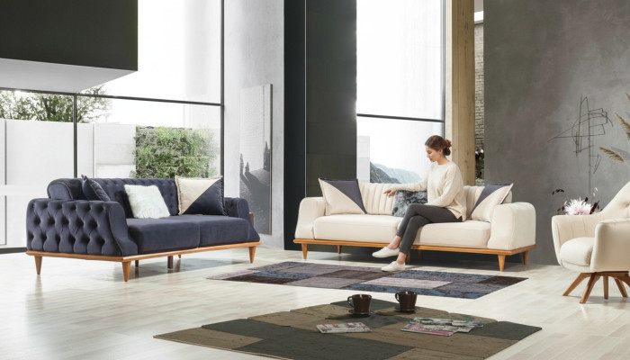 Sofá de 3 plazas beige Sala de estar Diseño elegante Estilo italiano Chesterfield