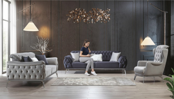Conjunto de sofás 3+3+1 plazas azul Sillón Lujo Chesterfield Decoración
