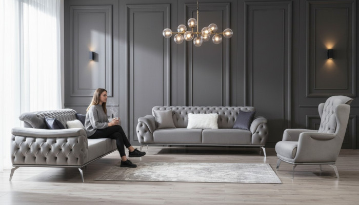Sofá Chesterfield de tres plazas de lujo para amueblar.