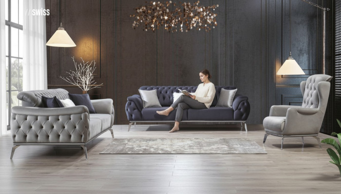 Sofá azul de 3 plazas para sala de estar, diseño de lujo Chesterfield italiano.