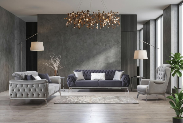 Sofá azul de 3 plazas para sala de estar, diseño de lujo Chesterfield italiano.