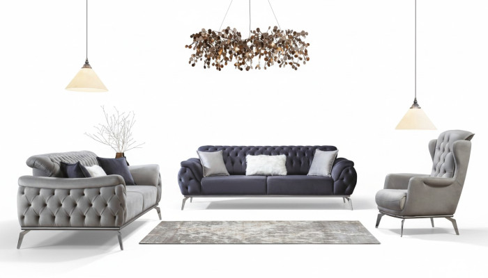 Sofá azul de 3 plazas para sala de estar, diseño de lujo Chesterfield italiano.