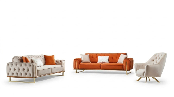 Sillón de 1 plaza Beige Chesterfield Diseño de lujo de tela de un asiento.