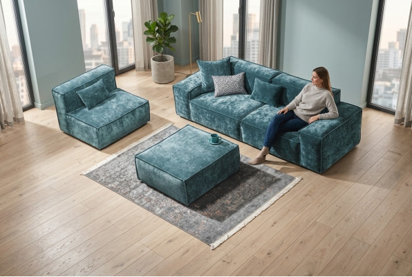 Conjunto de sofá cubo Muebles xxl de 3+1 plazas Azul Sillón de sala de estar Taburete