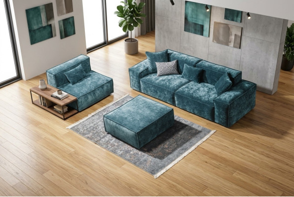 Conjunto de sofá cubo Muebles xxl de 3+1 plazas Azul Sillón de sala de estar Taburete