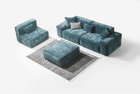 Conjunto de sofá cubo Muebles xxl de 3+1 plazas Azul Sillón de sala de estar Taburete