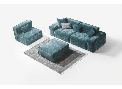 Conjunto de sofá cubo Muebles xxl de 3+1 plazas Azul Sillón de sala de estar Taburete