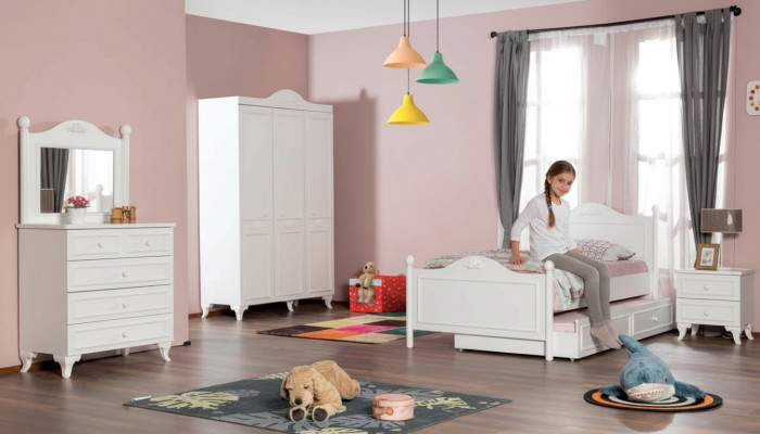 Dormitorio de estilo campestre para adolescentes, conjunto completo de muebles para habitación de hotel de 5 piezas.