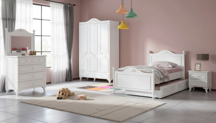 Dormitorio de estilo campestre para adolescentes, conjunto completo de muebles para habitación de hotel de 5 piezas.