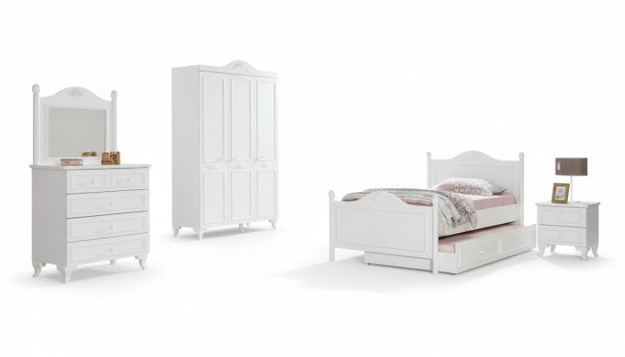 Dormitorio de estilo campestre para adolescentes, conjunto completo de muebles para habitación de hotel de 5 piezas.