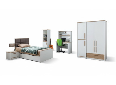 Moderno conjunto de dormitorio juvenil: cama, mesita de noche, estantería, mesa, dormitorio de 5 piezas.