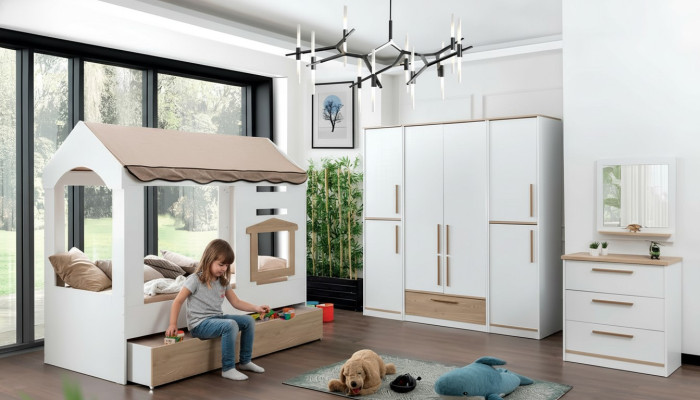 Habitación infantil Cama Casa Cama con dosel Juego de dormitorio con espejo de 4 piezas.