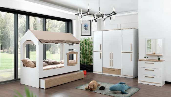 Habitación infantil Cama Casa Cama con dosel Juego de dormitorio con espejo de 4 piezas.