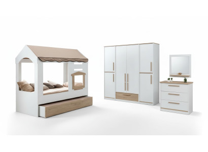 Habitación infantil Cama Casa Cama con dosel Juego de dormitorio con espejo de 4 piezas.