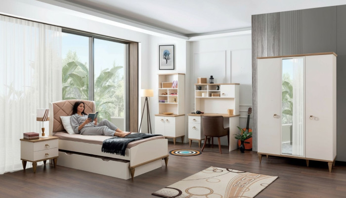 Unisex dormitorio juvenil conjunto cama mesita de noche estante de libros mesa 5 piezas Nuevo