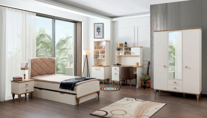 Unisex dormitorio juvenil conjunto cama mesita de noche estante de libros mesa 5 piezas Nuevo