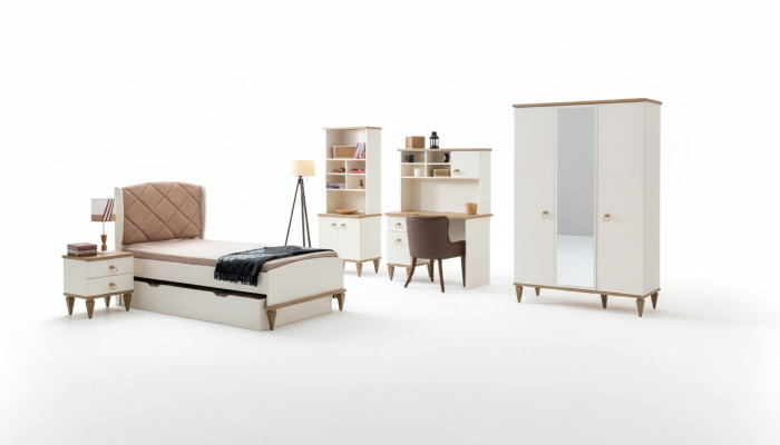Unisex dormitorio juvenil conjunto cama mesita de noche estante de libros mesa 5 piezas Nuevo